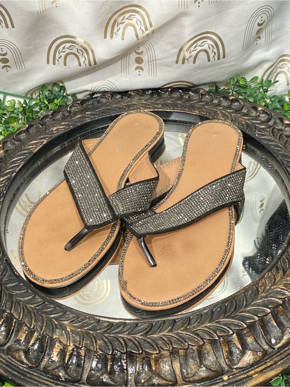 Forever 21 Black Rhinestone Slide Sandals with Tan Footbed
